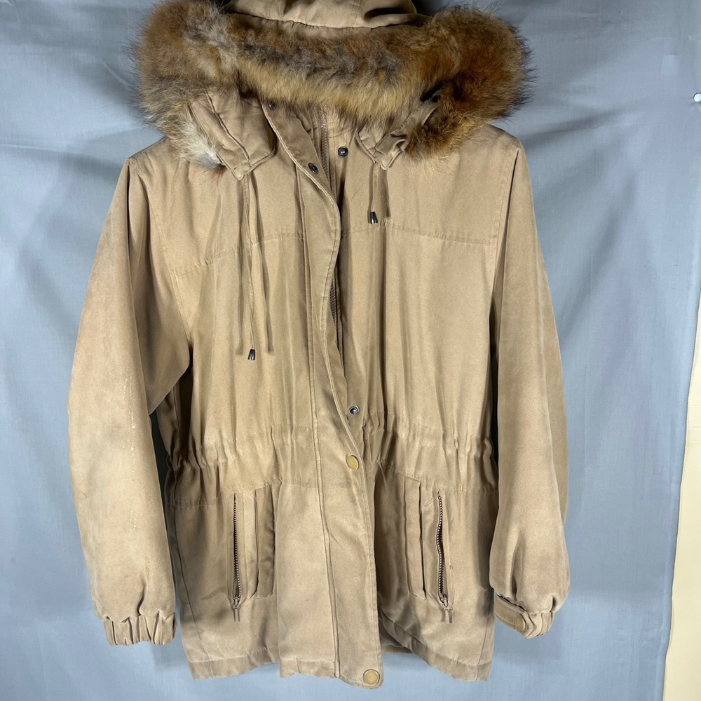 1 Madison Parka Jacket Real Fox Fur Trim Faux Suede Tan Womens Medium 421760